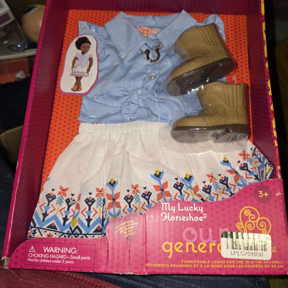 Our Generation Doll Accessories My Lucky Horseshoe Boots, Blouse, Skirt, Jewelry